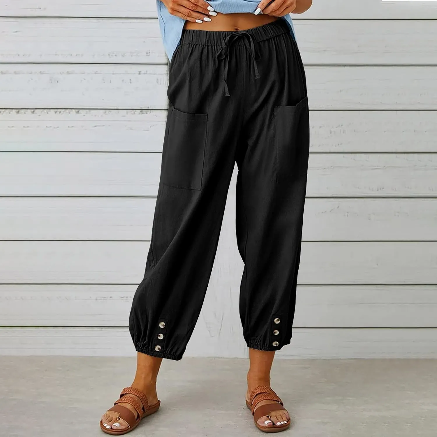Women's Cotton Pants Trendy Drawstring Bottom Button Jogger Pant Summer Beach Gaucho Trousers Casual Comfy Outfits