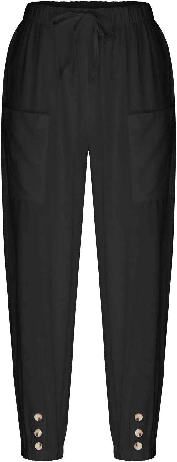 Women's Cotton Pants Trendy Drawstring Bottom Button Jogger Pant Summer Beach Gaucho Trousers Casual Comfy Outfits