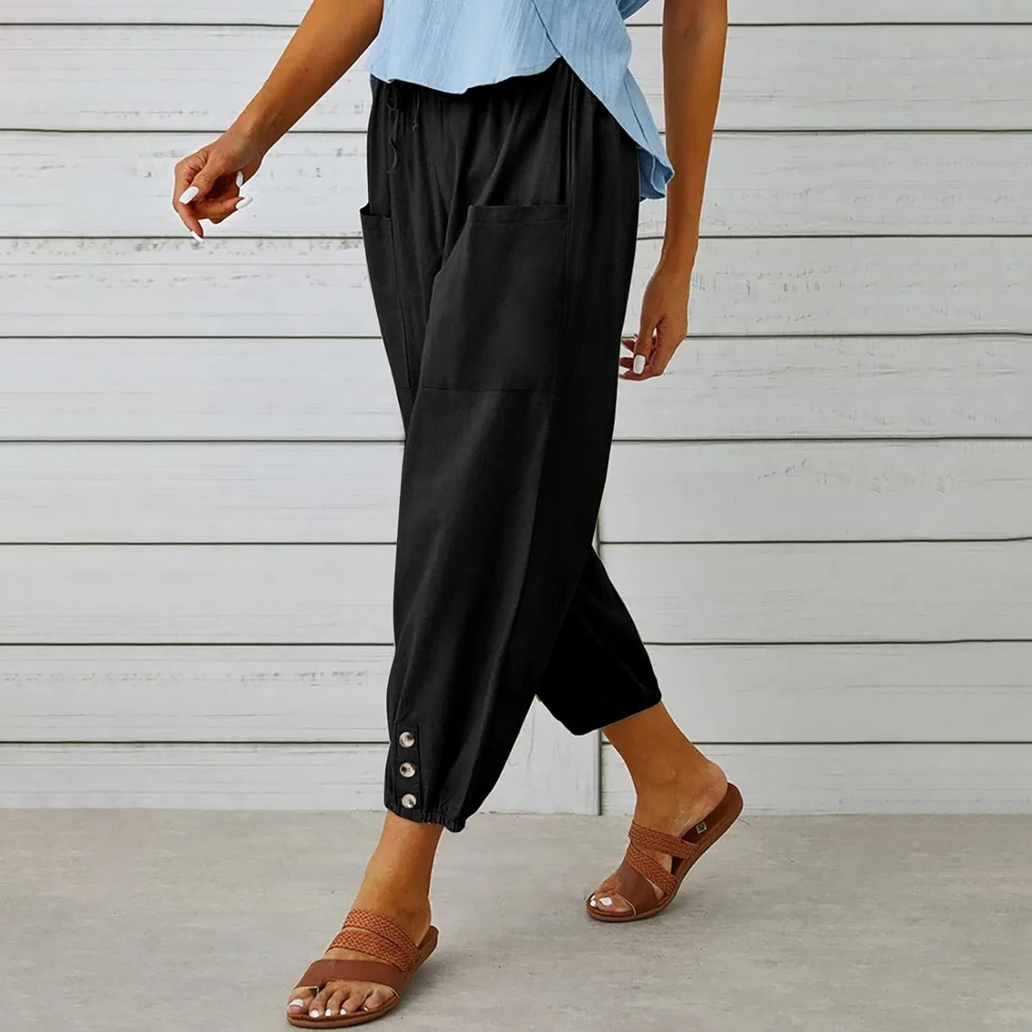 Women's Cotton Pants Trendy Drawstring Bottom Button Jogger Pant Summer Beach Gaucho Trousers Casual Comfy Outfits