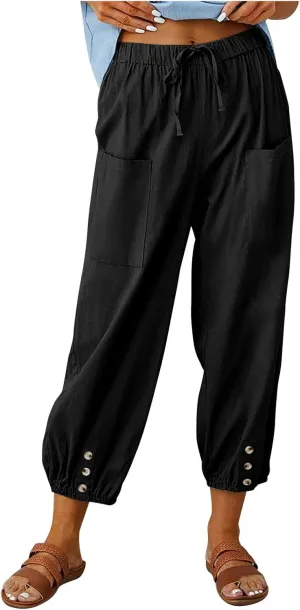 Women's Cotton Pants Trendy Drawstring Bottom Button Jogger Pant Summer Beach Gaucho Trousers Casual Comfy Outfits