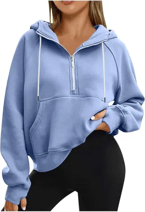 Womens Cropped Hoodies Half Zip Pullover Fall Fashion Quarter Zipper Fleece Sweatshirts 2024 Fall Outfits Thumb Hole