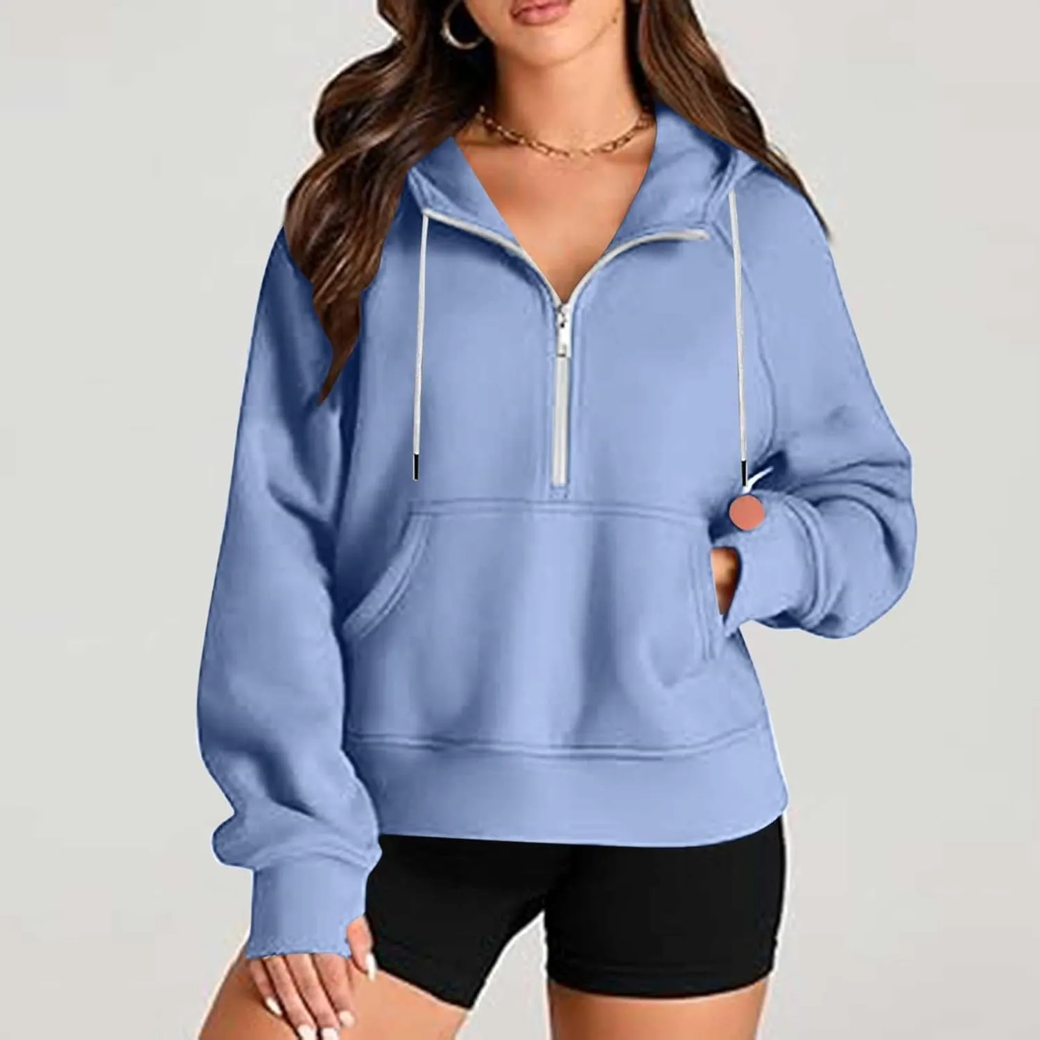 Womens Cropped Hoodies Half Zip Pullover Fall Fashion Quarter Zipper Fleece Sweatshirts 2024 Fall Outfits Thumb Hole