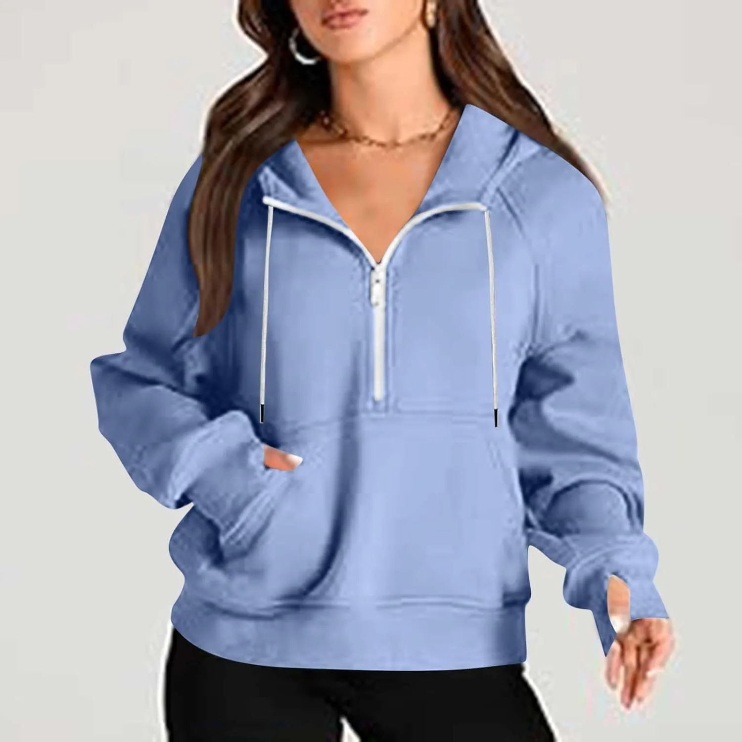 Womens Cropped Hoodies Half Zip Pullover Fall Fashion Quarter Zipper Fleece Sweatshirts 2024 Fall Outfits Thumb Hole