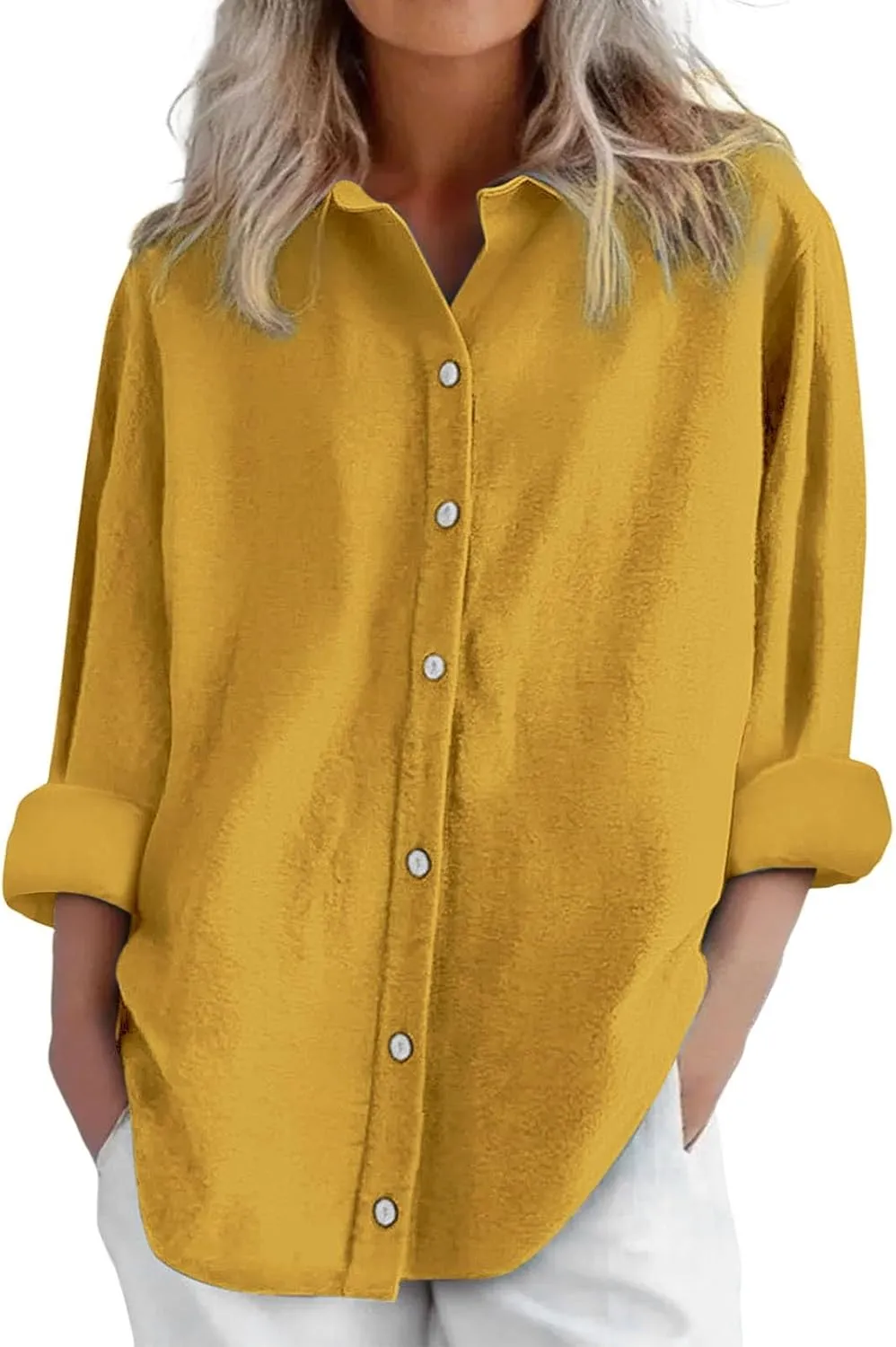 Womens Daily Casual Cotton Linen Solid Color Shirts Long Sleeve Loose Fit Tops Button Flowy Soft Casual
