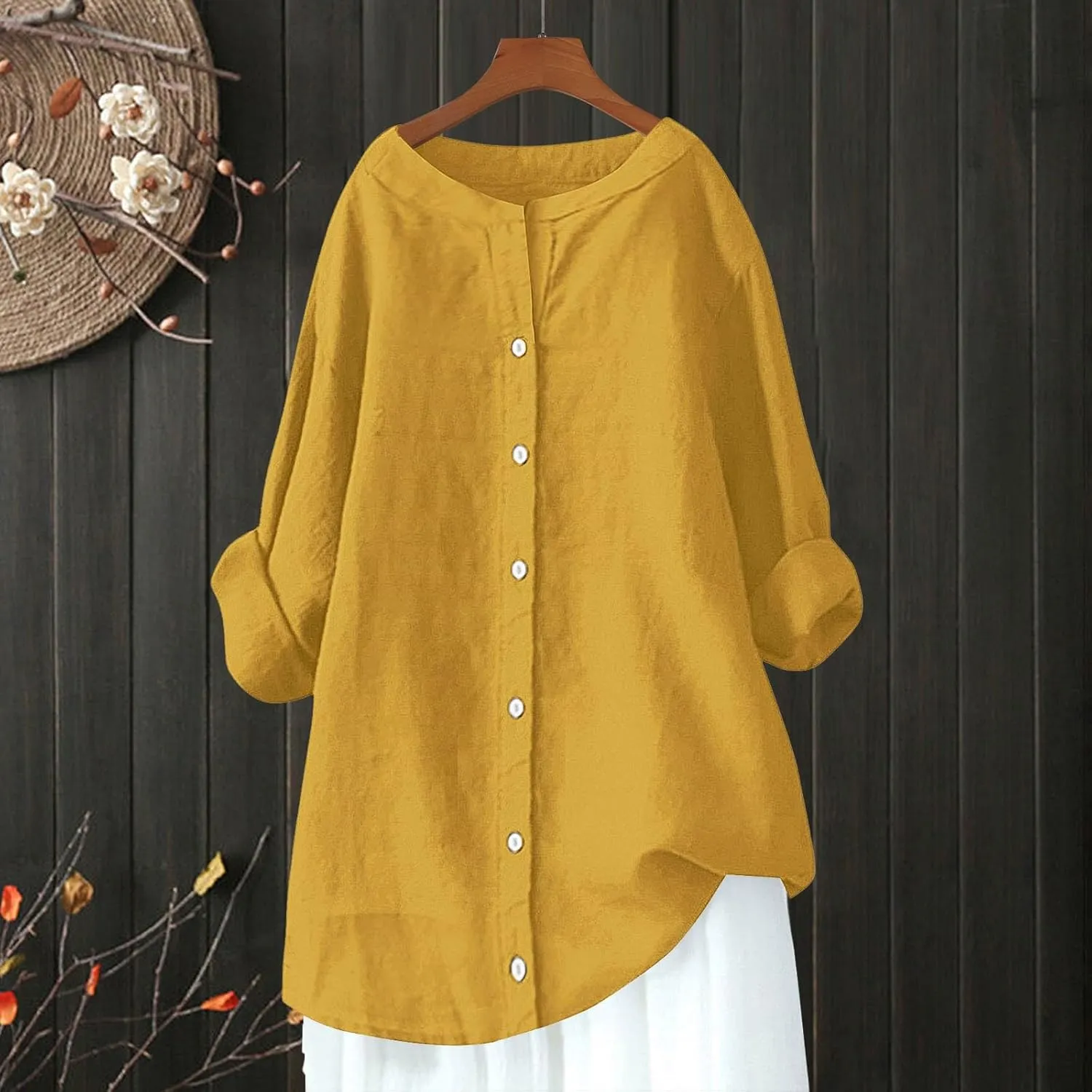 Womens Daily Casual Cotton Linen Solid Color Shirts Long Sleeve Loose Fit Tops Button Flowy Soft Casual