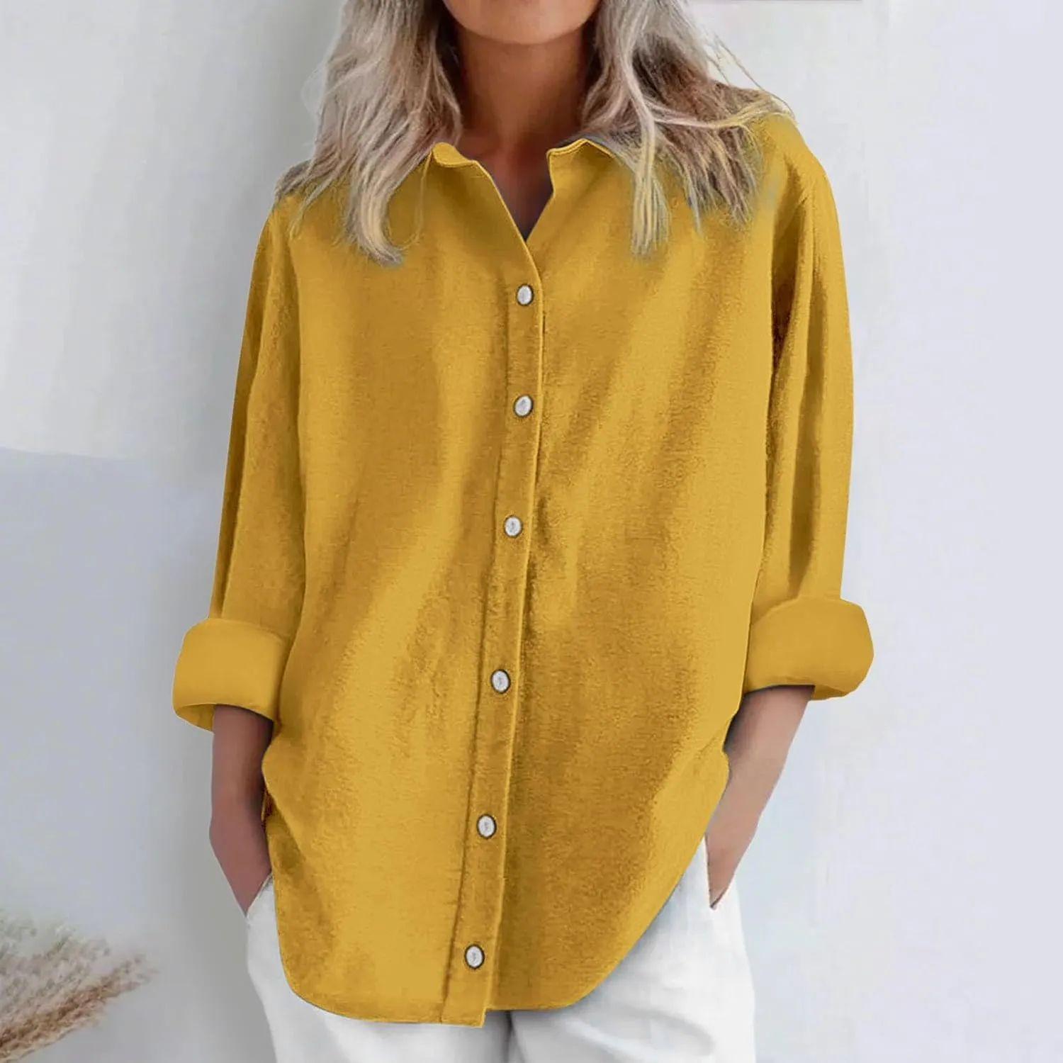 Womens Daily Casual Cotton Linen Solid Color Shirts Long Sleeve Loose Fit Tops Button Flowy Soft Casual
