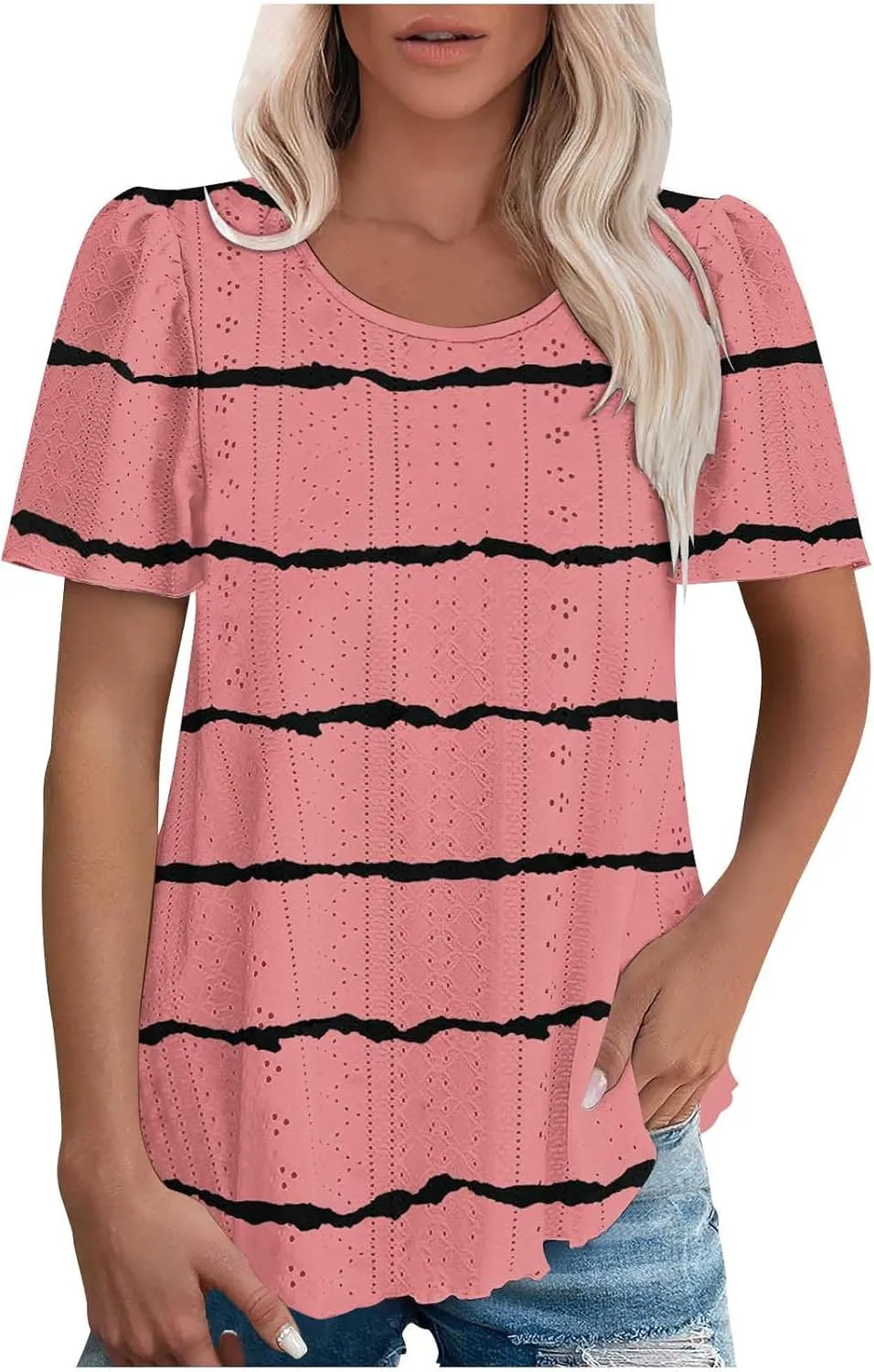 Womens Eyelet Shirts Short Sleeve Crewneck Tops Summer Casual Loose Fit Tunic Blouses Daily Work Basic Tees