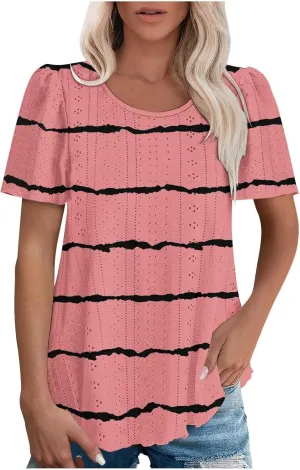 Womens Eyelet Shirts Short Sleeve Crewneck Tops Summer Casual Loose Fit Tunic Blouses Daily Work Basic Tees