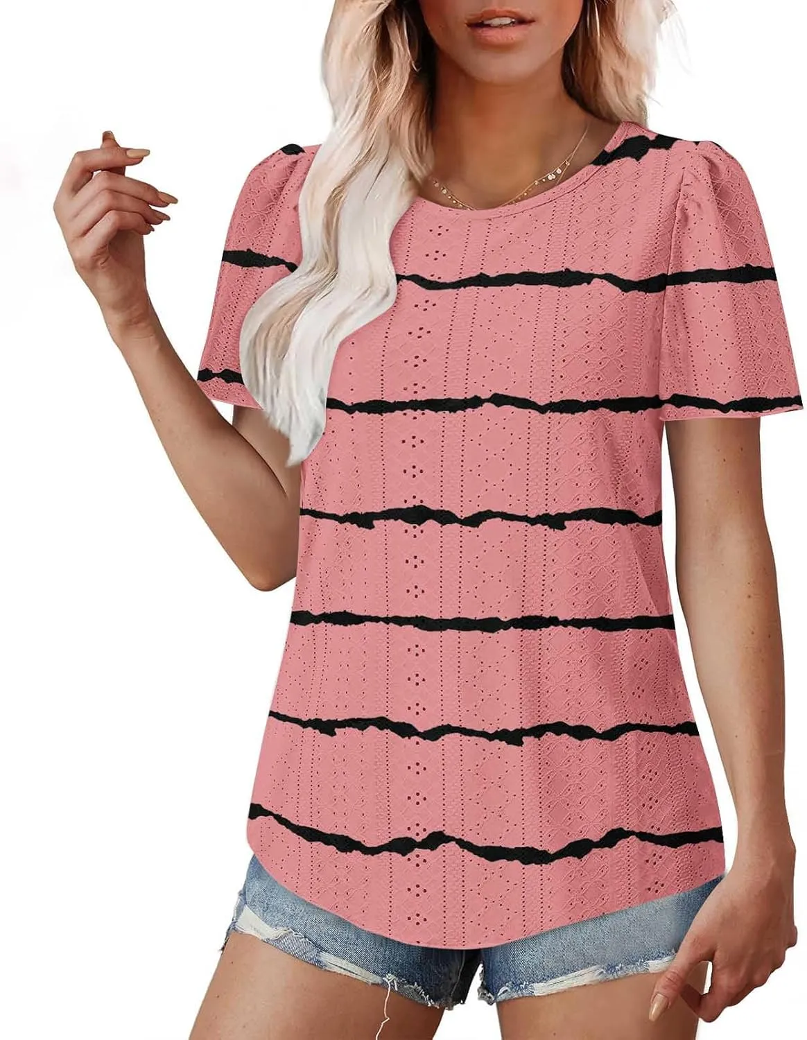 Womens Eyelet Shirts Short Sleeve Crewneck Tops Summer Casual Loose Fit Tunic Blouses Daily Work Basic Tees