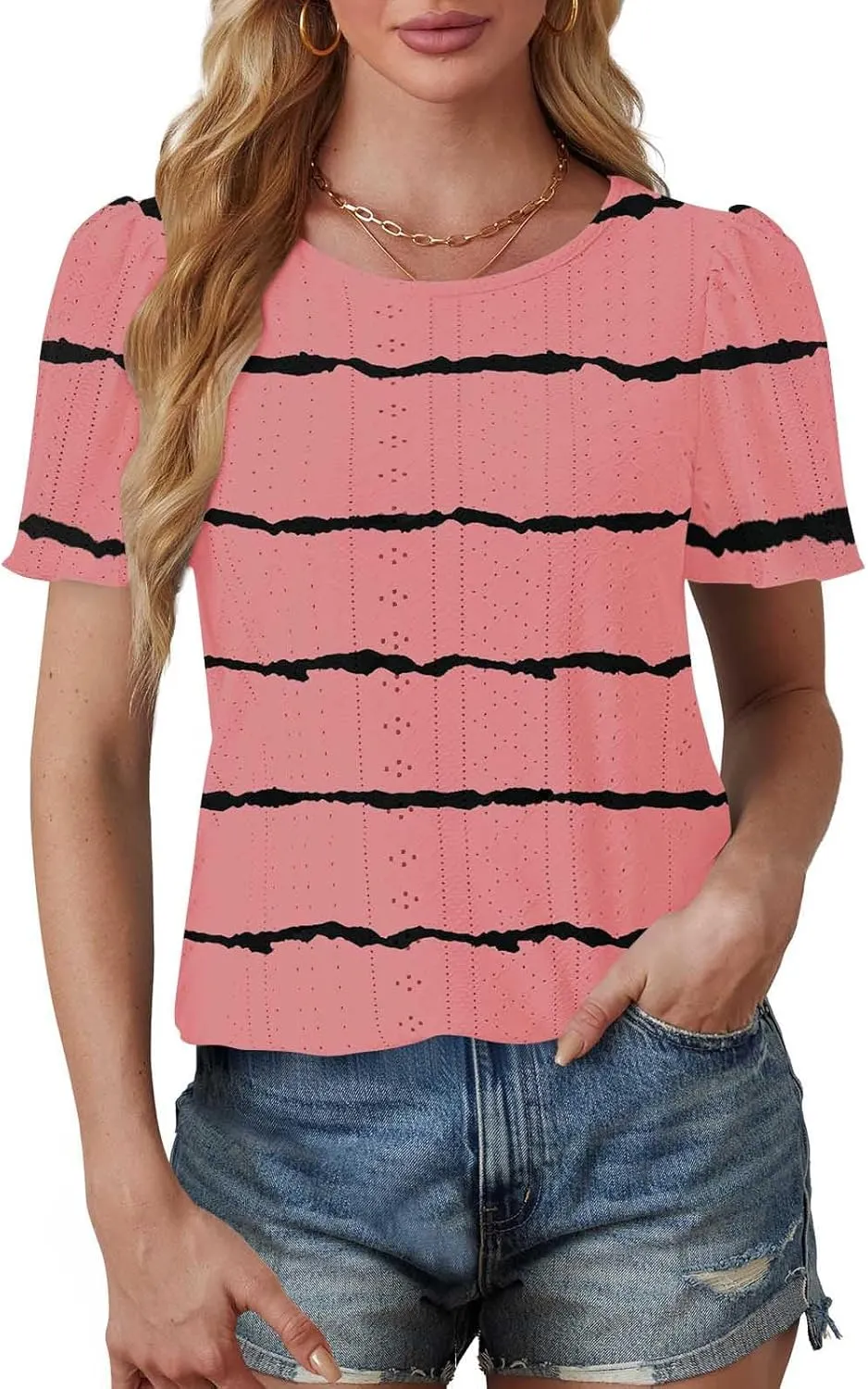 Womens Eyelet Shirts Short Sleeve Crewneck Tops Summer Casual Loose Fit Tunic Blouses Daily Work Basic Tees