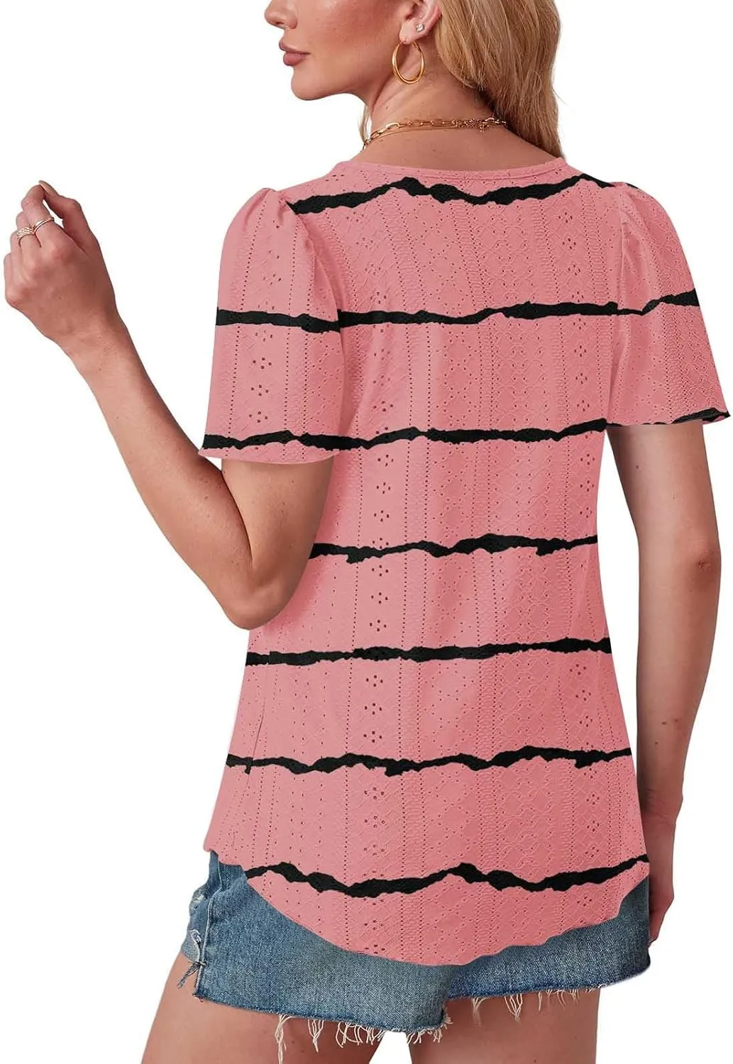 Womens Eyelet Shirts Short Sleeve Crewneck Tops Summer Casual Loose Fit Tunic Blouses Daily Work Basic Tees