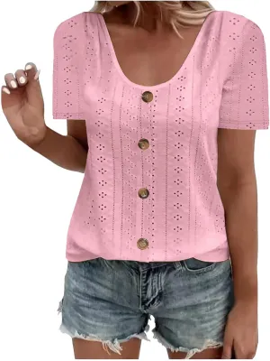 Womens Eyelet T-Shirts Sexy Scoop Neck Tops Casual Solid Short Sleeve Shirts Trendy 2024 Summer Button Tees