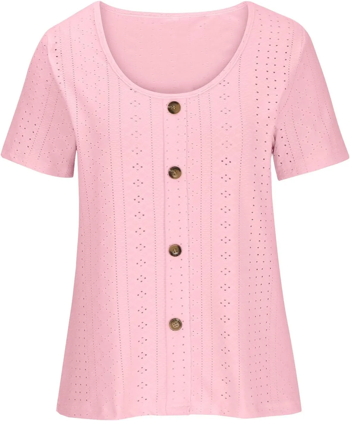 Womens Eyelet T-Shirts Sexy Scoop Neck Tops Casual Solid Short Sleeve Shirts Trendy 2024 Summer Button Tees