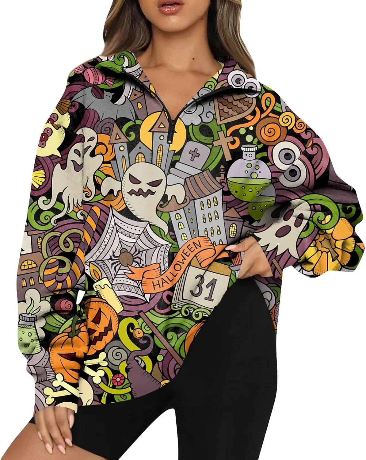 Womens Halloween Sweatshirt Fashion Half Zip I See Ghosts Pullover Casual Autumn Loose Plus Size Sweatshirt