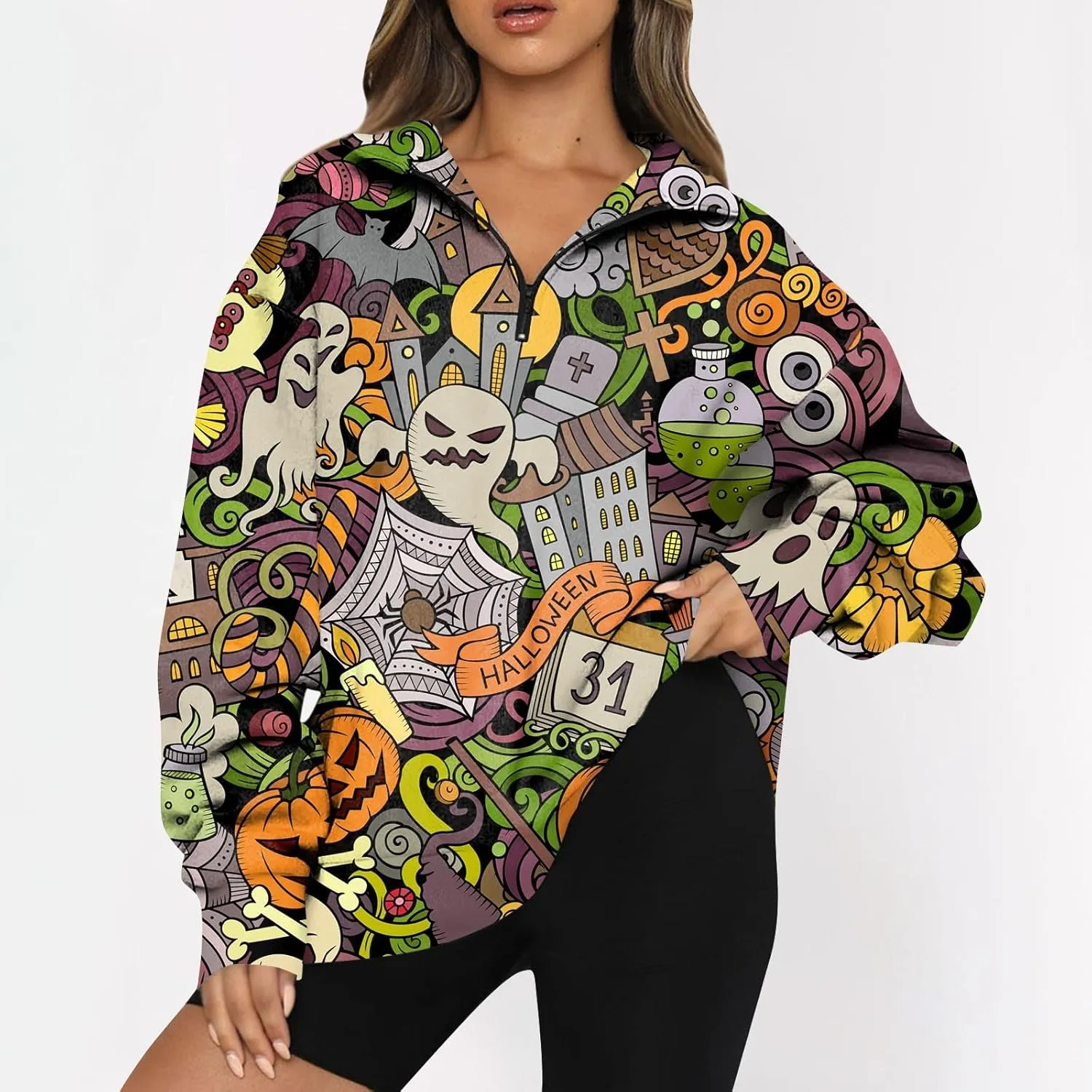 Womens Halloween Sweatshirt Fashion Half Zip I See Ghosts Pullover Casual Autumn Loose Plus Size Sweatshirt