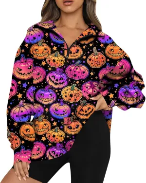 Womens Halloween Sweatshirt Fashion Half Zip I See Ghosts Pullover Casual Autumn Loose Plus Size Sweatshirt