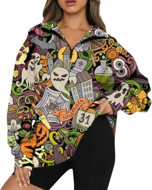 Womens Halloween Sweatshirt Fashion Half Zip I See Ghosts Pullover Casual Autumn Loose Plus Size Sweatshirt