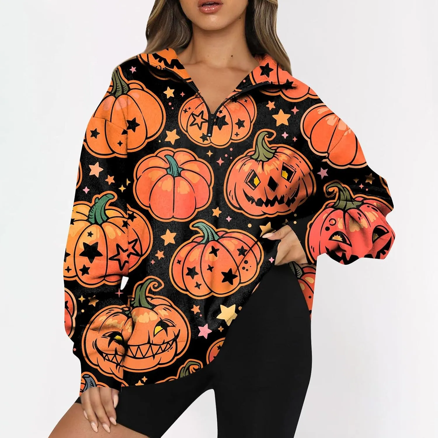 Womens Halloween Sweatshirt Fashion Half Zip I See Ghosts Pullover Casual Autumn Loose Plus Size Sweatshirt