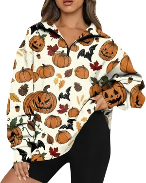 Womens Halloween Sweatshirt Fashion Half Zip I See Ghosts Pullover Casual Autumn Loose Plus Size Sweatshirt