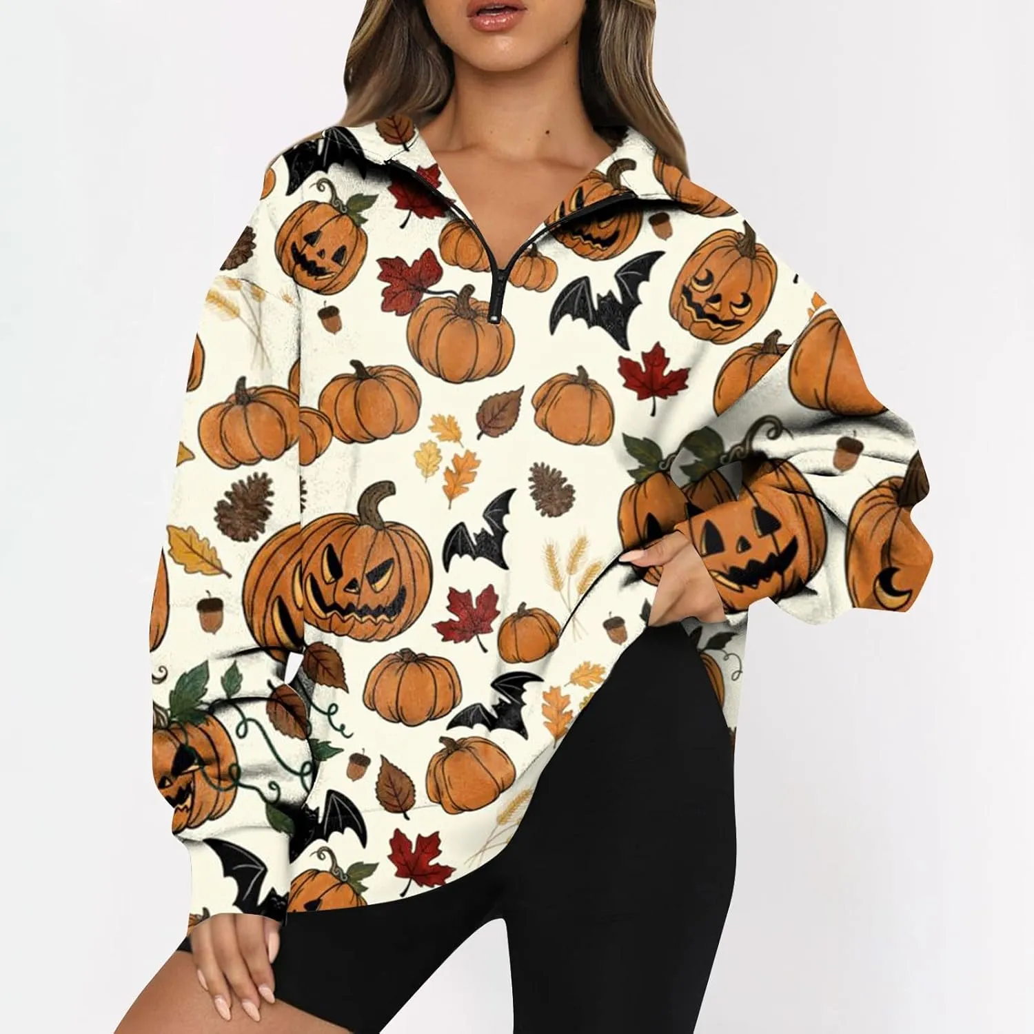 Womens Halloween Sweatshirt Fashion Half Zip I See Ghosts Pullover Casual Autumn Loose Plus Size Sweatshirt