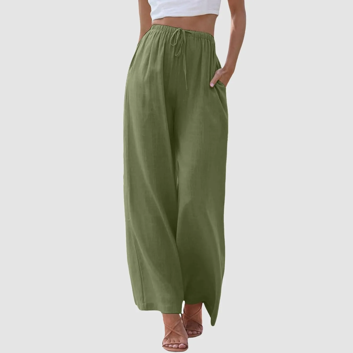 Women's High Waisted Wide Leg Pants Drawstring Elastic Trousers Summer Comfy Straight Leg Long Pants with Pockets