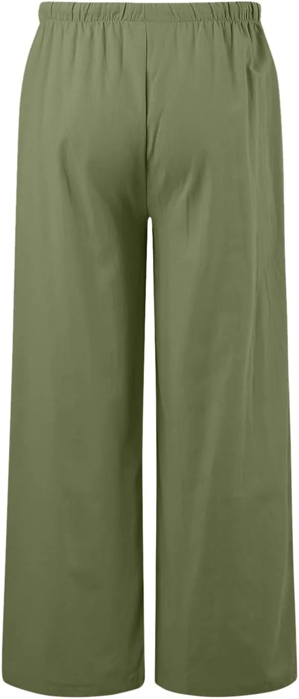 Women's High Waisted Wide Leg Pants Drawstring Elastic Trousers Summer Comfy Straight Leg Long Pants with Pockets