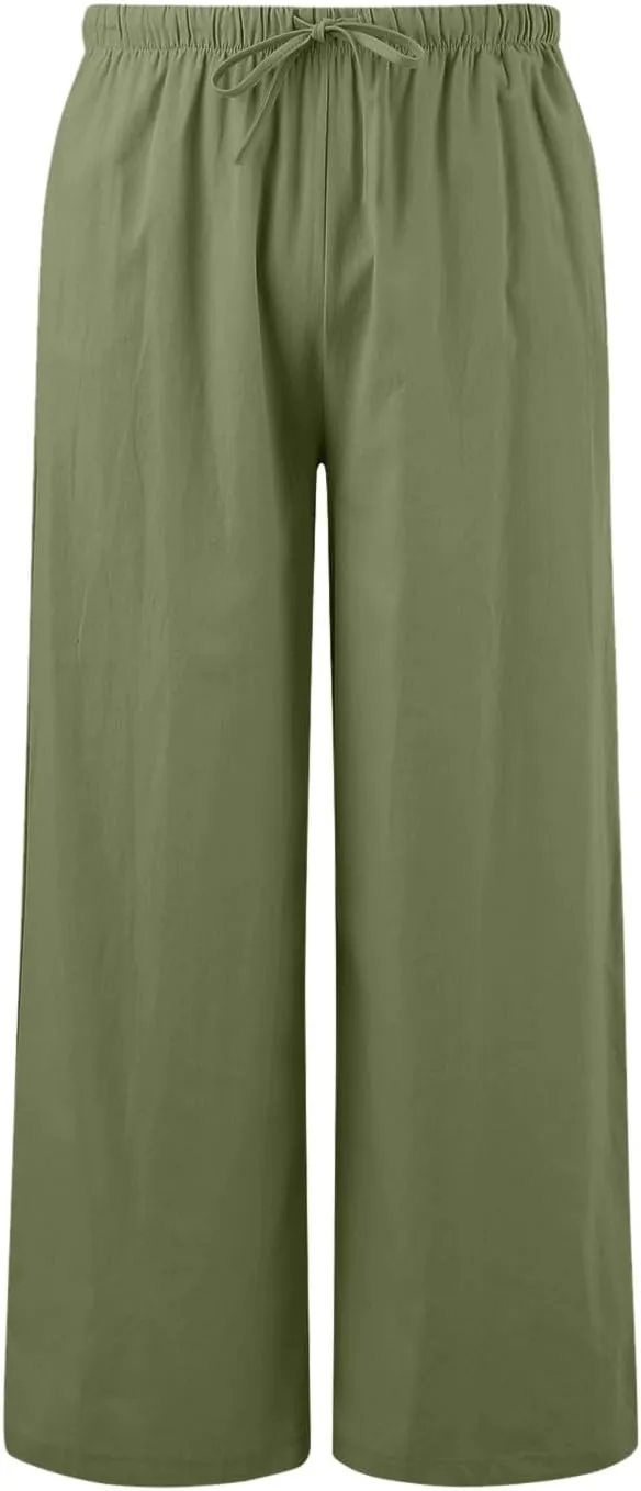 Women's High Waisted Wide Leg Pants Drawstring Elastic Trousers Summer Comfy Straight Leg Long Pants with Pockets