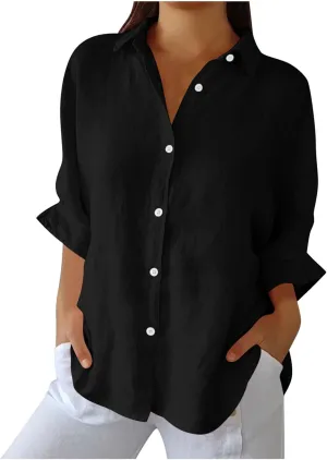 Womens Linen Button Shirt 2024 Casual Pleated 3/4 Sleeve Lapel Blouse Summer Loose Lace Up Cutout Slit Back Top