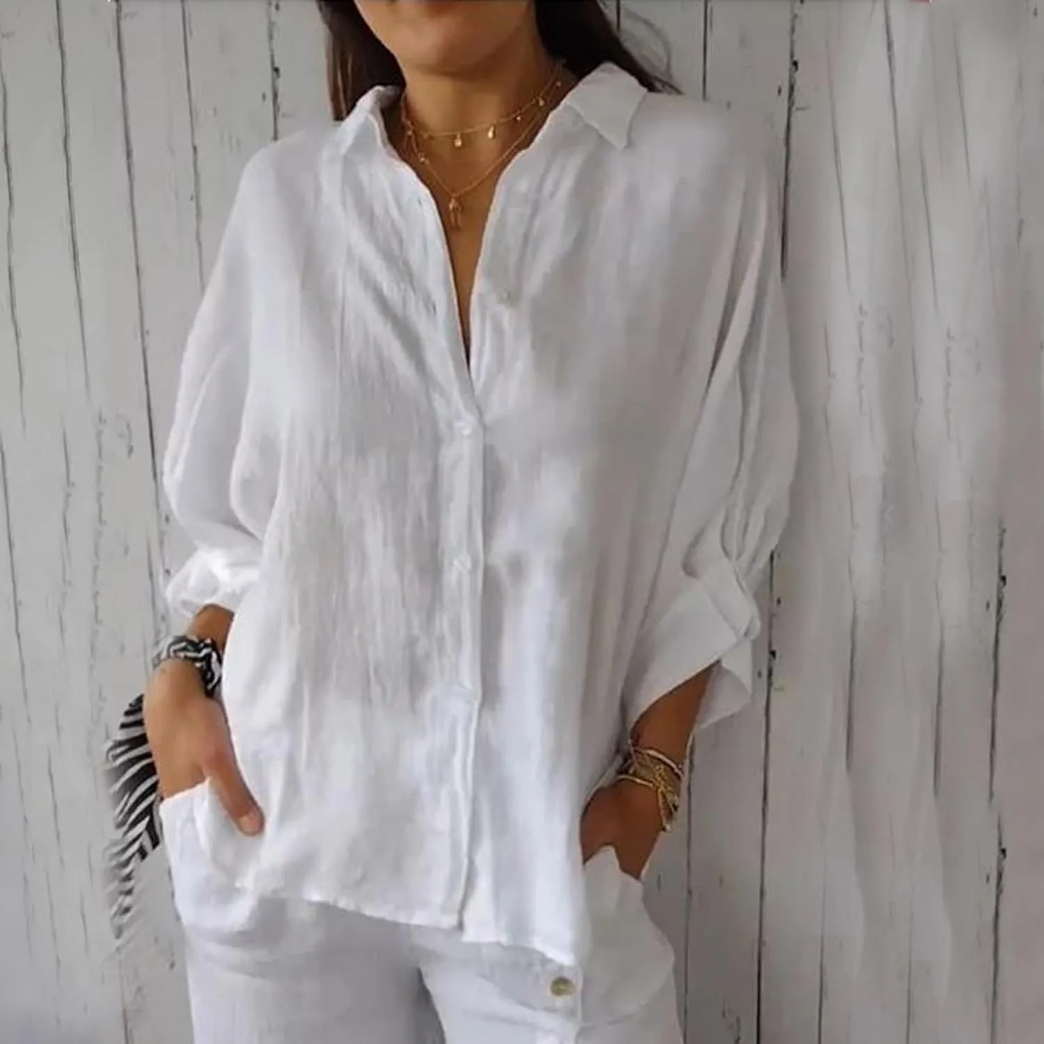 Womens Linen Button Shirt 2024 Casual Pleated 3/4 Sleeve Lapel Blouse Summer Loose Lace Up Cutout Slit Back Top