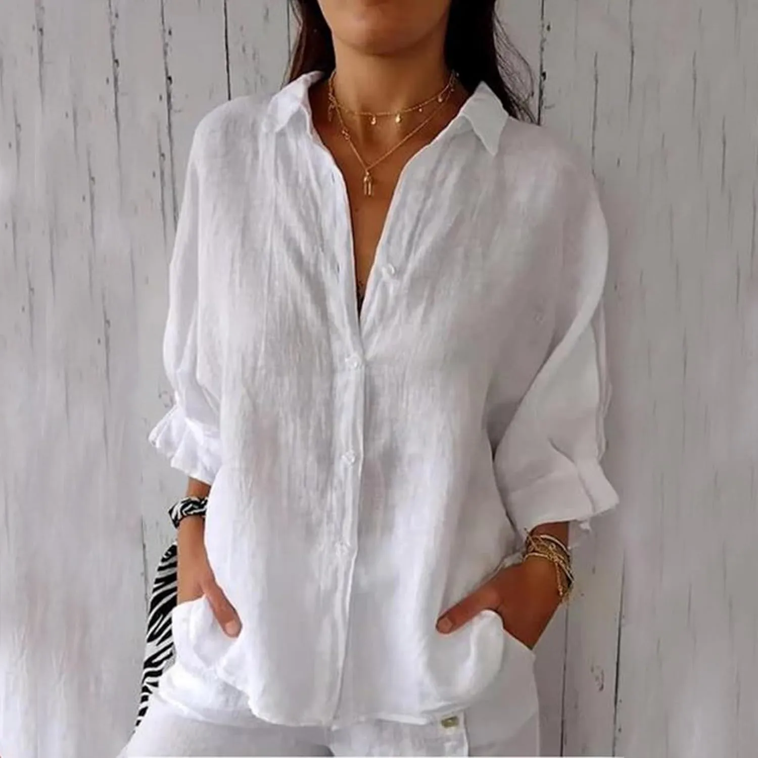 Womens Linen Button Shirt 2024 Casual Pleated 3/4 Sleeve Lapel Blouse Summer Loose Lace Up Cutout Slit Back Top