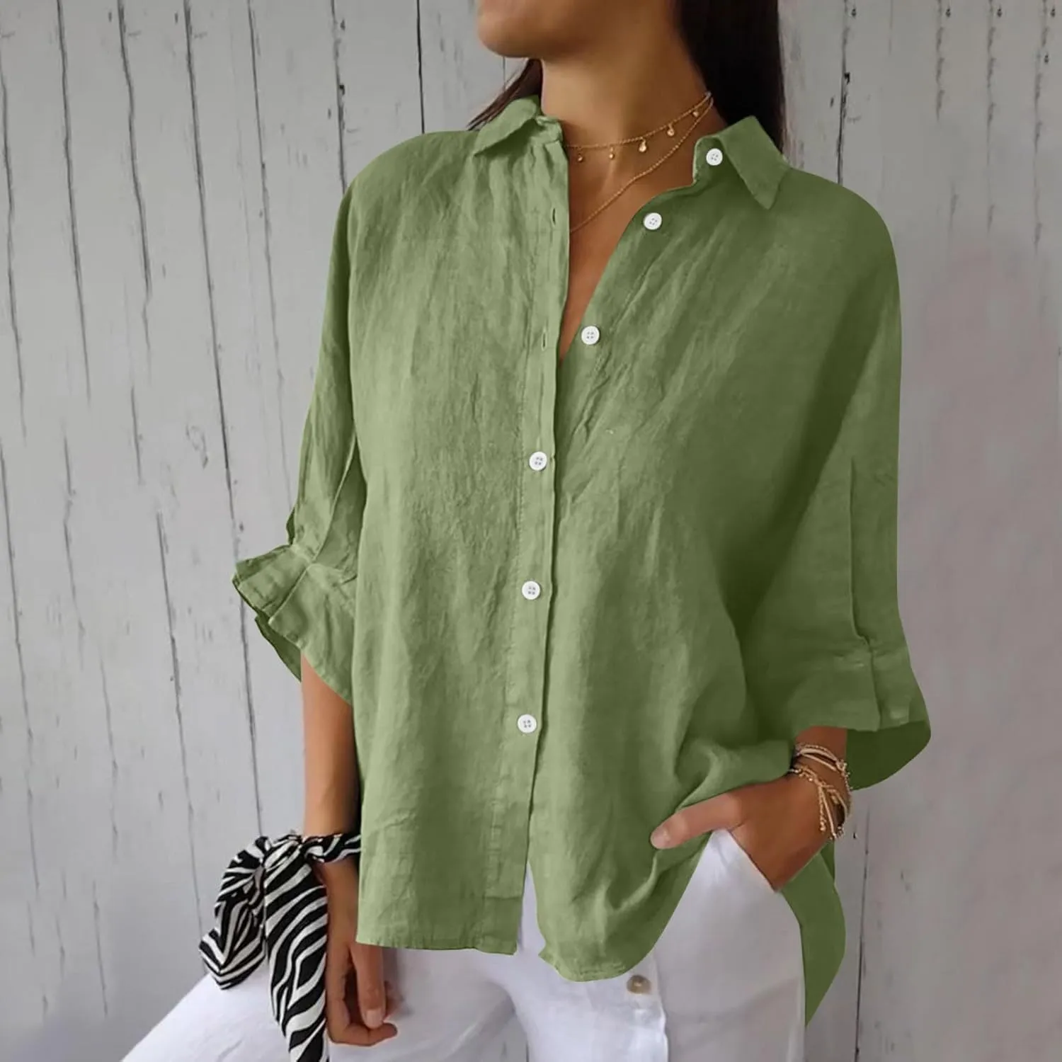 Womens Linen Button Shirt 2024 Casual Pleated 3/4 Sleeve Lapel Blouse Summer Loose Lace Up Cutout Slit Back Top