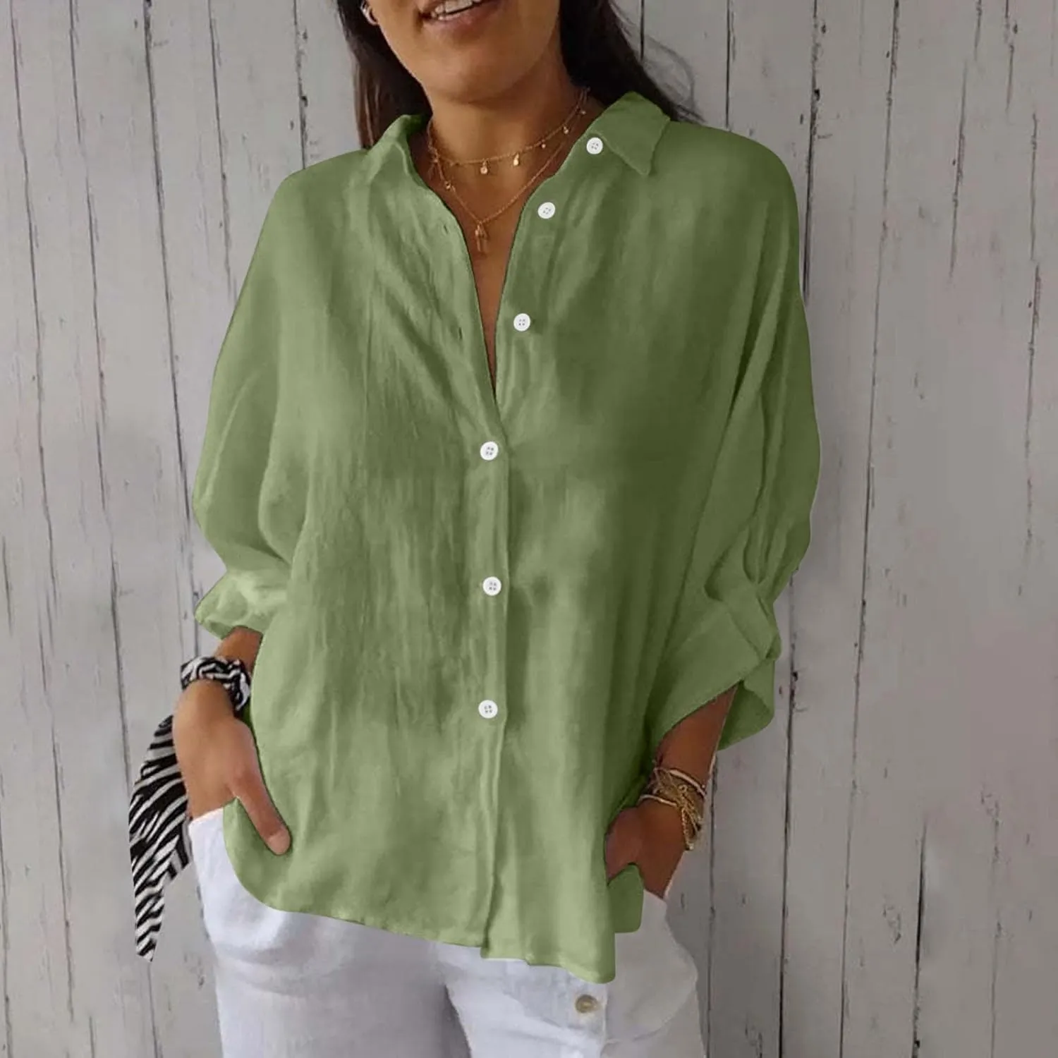 Womens Linen Button Shirt 2024 Casual Pleated 3/4 Sleeve Lapel Blouse Summer Loose Lace Up Cutout Slit Back Top