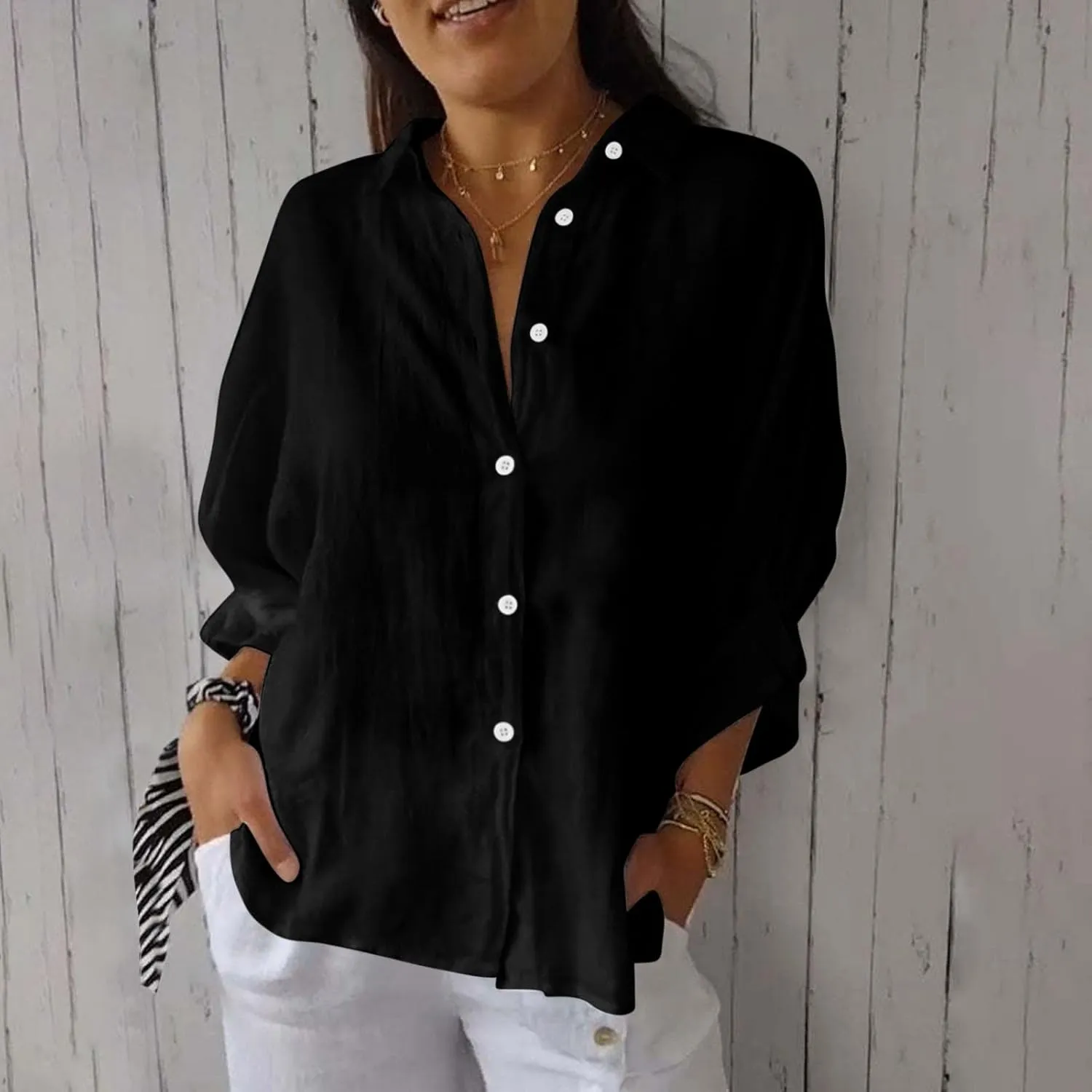 Womens Linen Button Shirt 2024 Casual Pleated 3/4 Sleeve Lapel Blouse Summer Loose Lace Up Cutout Slit Back Top