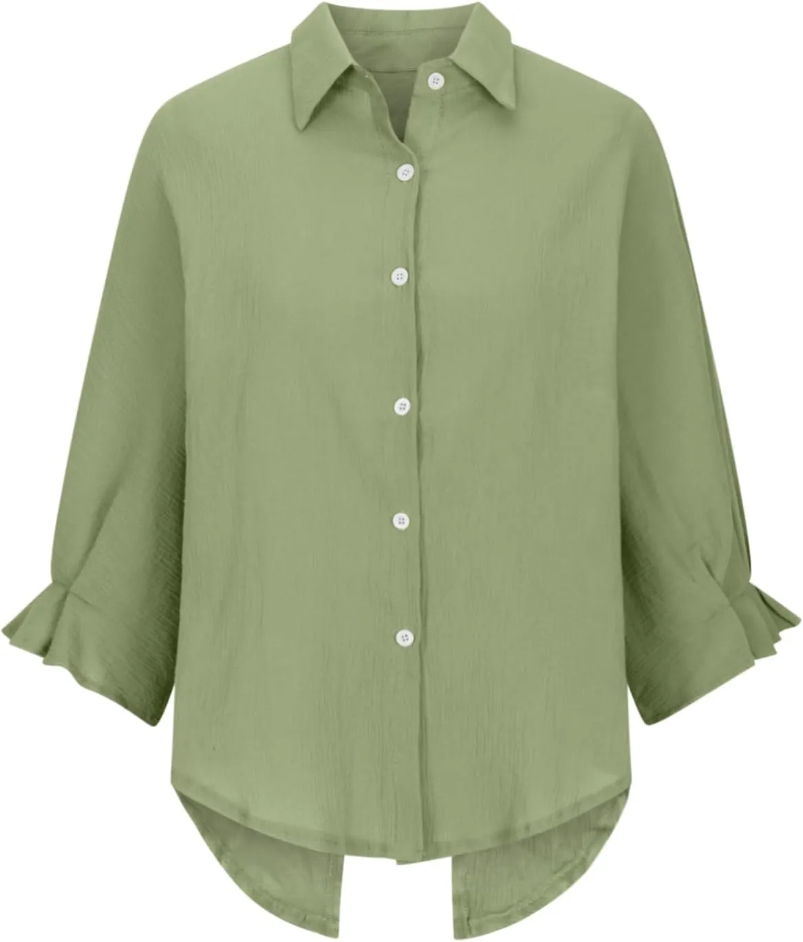 Womens Linen Button Shirt 2024 Casual Pleated 3/4 Sleeve Lapel Blouse Summer Loose Lace Up Cutout Slit Back Top