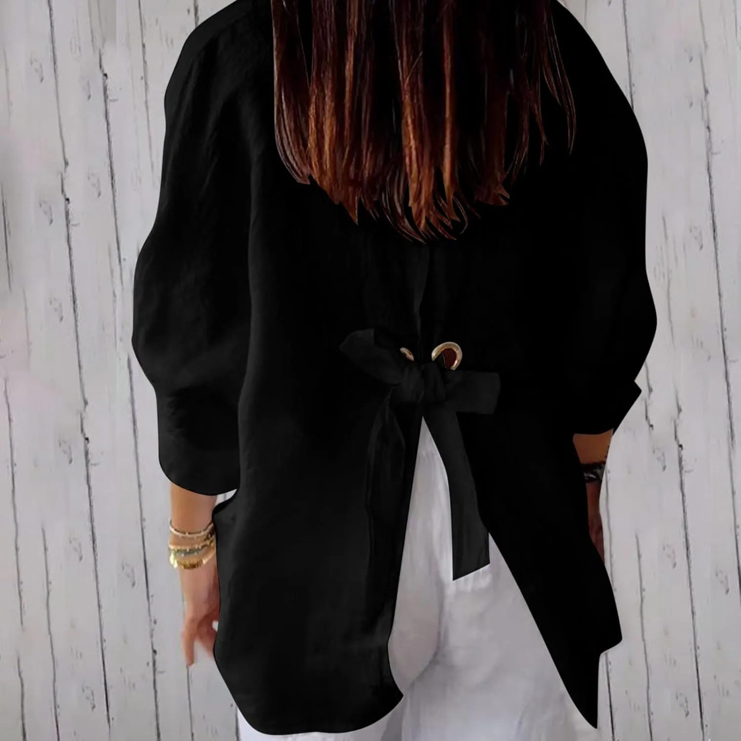Womens Linen Button Shirt 2024 Casual Pleated 3/4 Sleeve Lapel Blouse Summer Loose Lace Up Cutout Slit Back Top