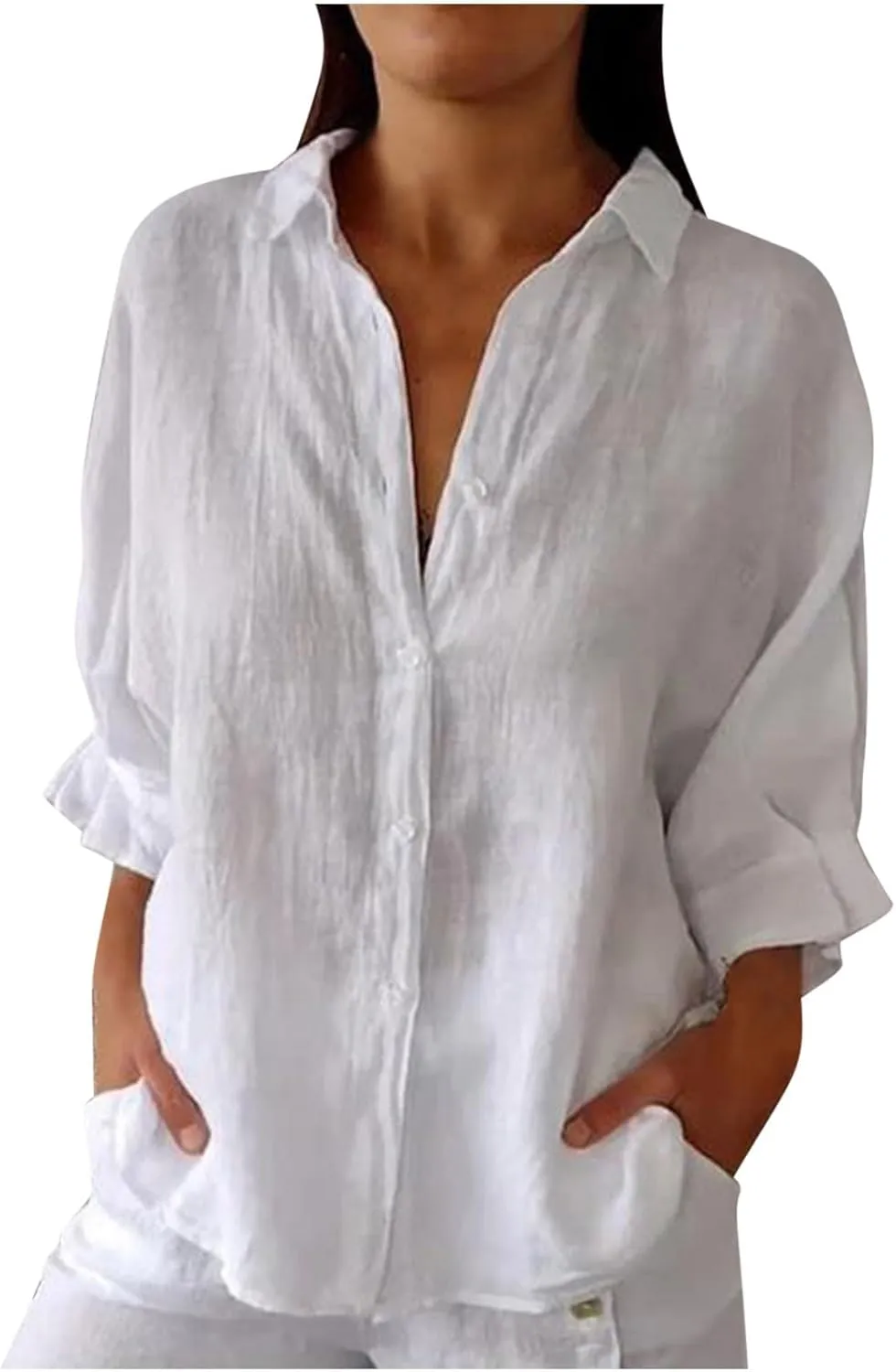 Womens Linen Button Shirt 2024 Casual Pleated 3/4 Sleeve Lapel Blouse Summer Loose Lace Up Cutout Slit Back Top