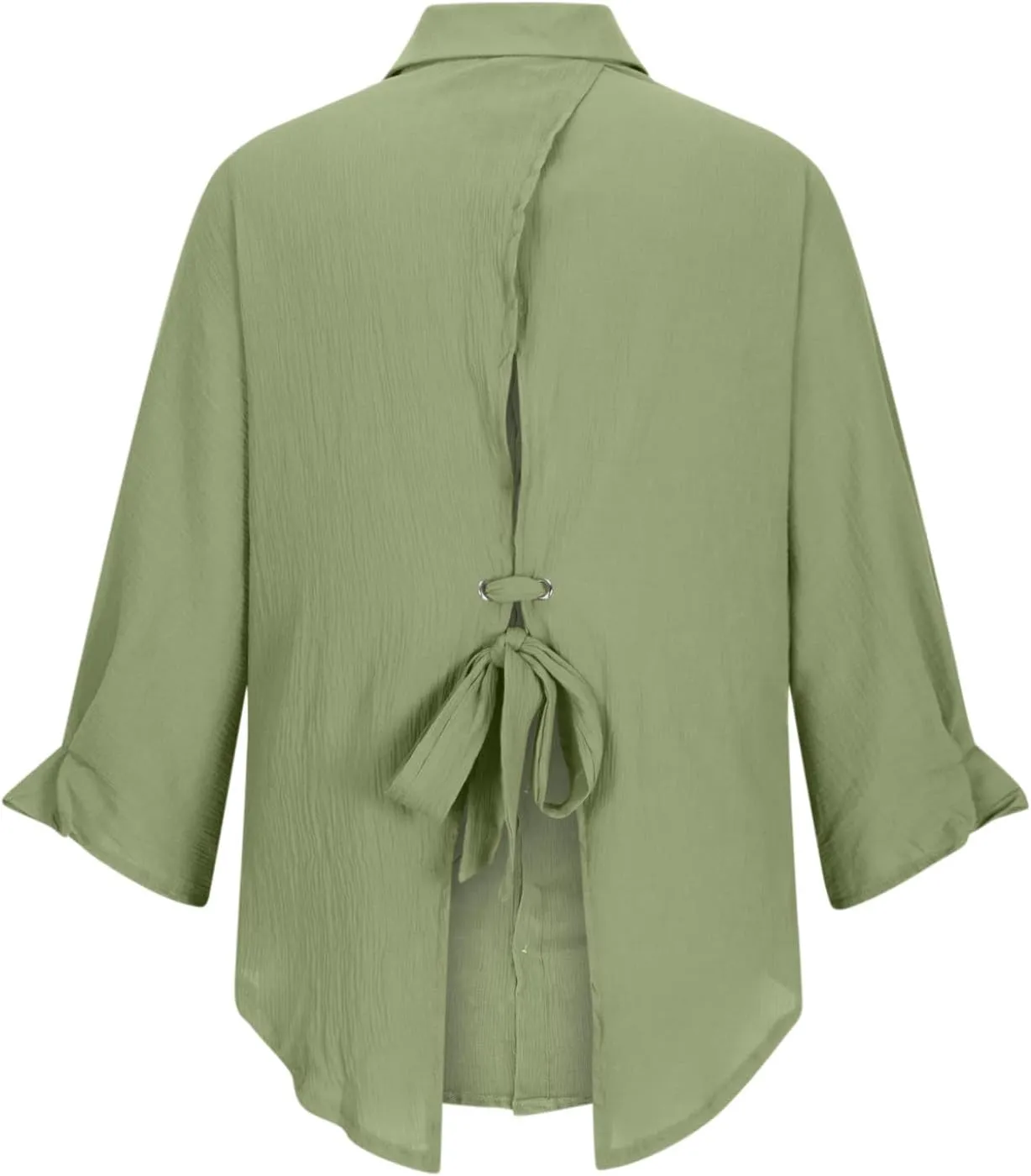 Womens Linen Button Shirt 2024 Casual Pleated 3/4 Sleeve Lapel Blouse Summer Loose Lace Up Cutout Slit Back Top