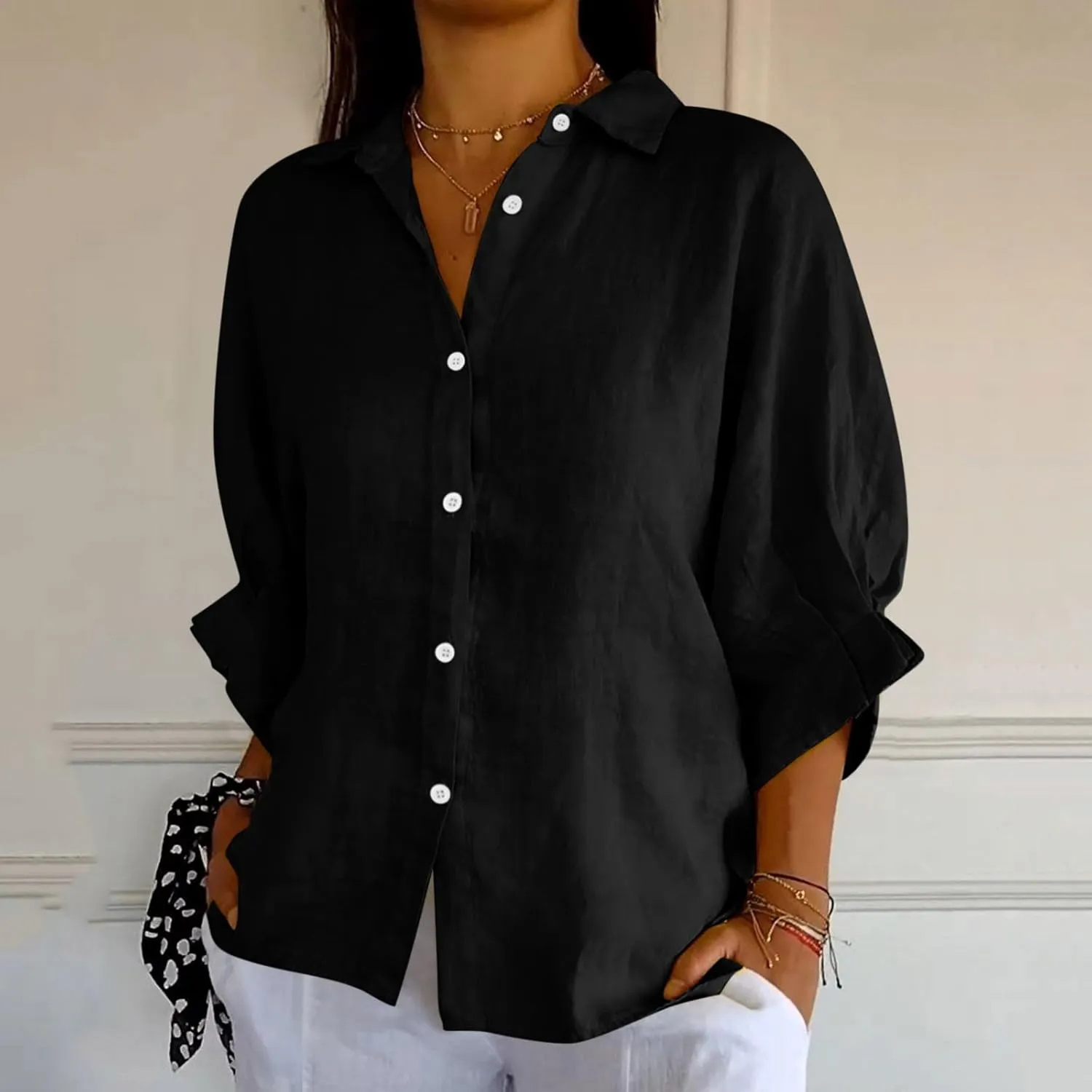 Womens Linen Button Shirt 2024 Casual Pleated 3/4 Sleeve Lapel Blouse Summer Loose Lace Up Cutout Slit Back Top