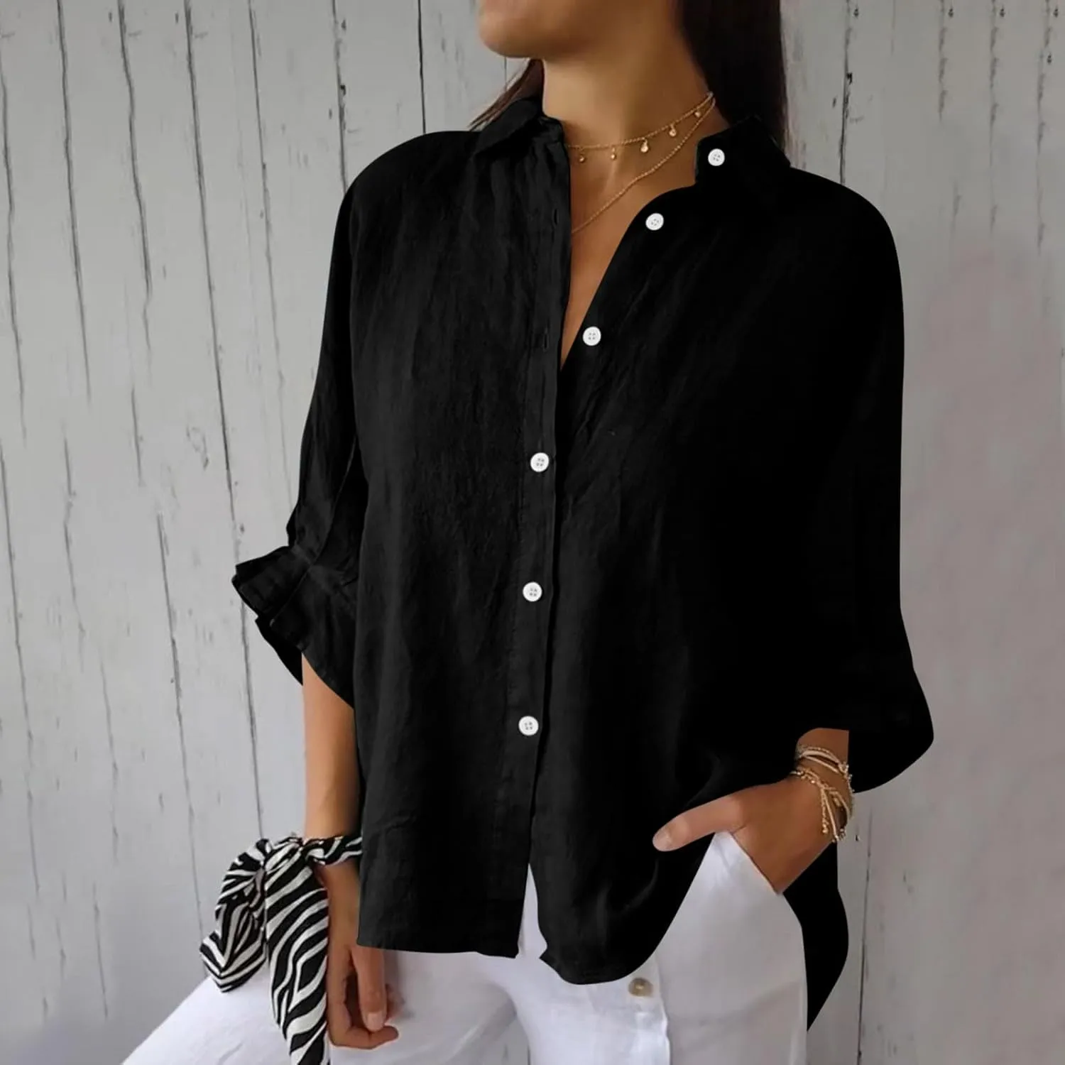 Womens Linen Button Shirt 2024 Casual Pleated 3/4 Sleeve Lapel Blouse Summer Loose Lace Up Cutout Slit Back Top