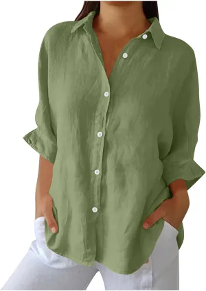 Womens Linen Button Shirt 2024 Casual Pleated 3/4 Sleeve Lapel Blouse Summer Loose Lace Up Cutout Slit Back Top