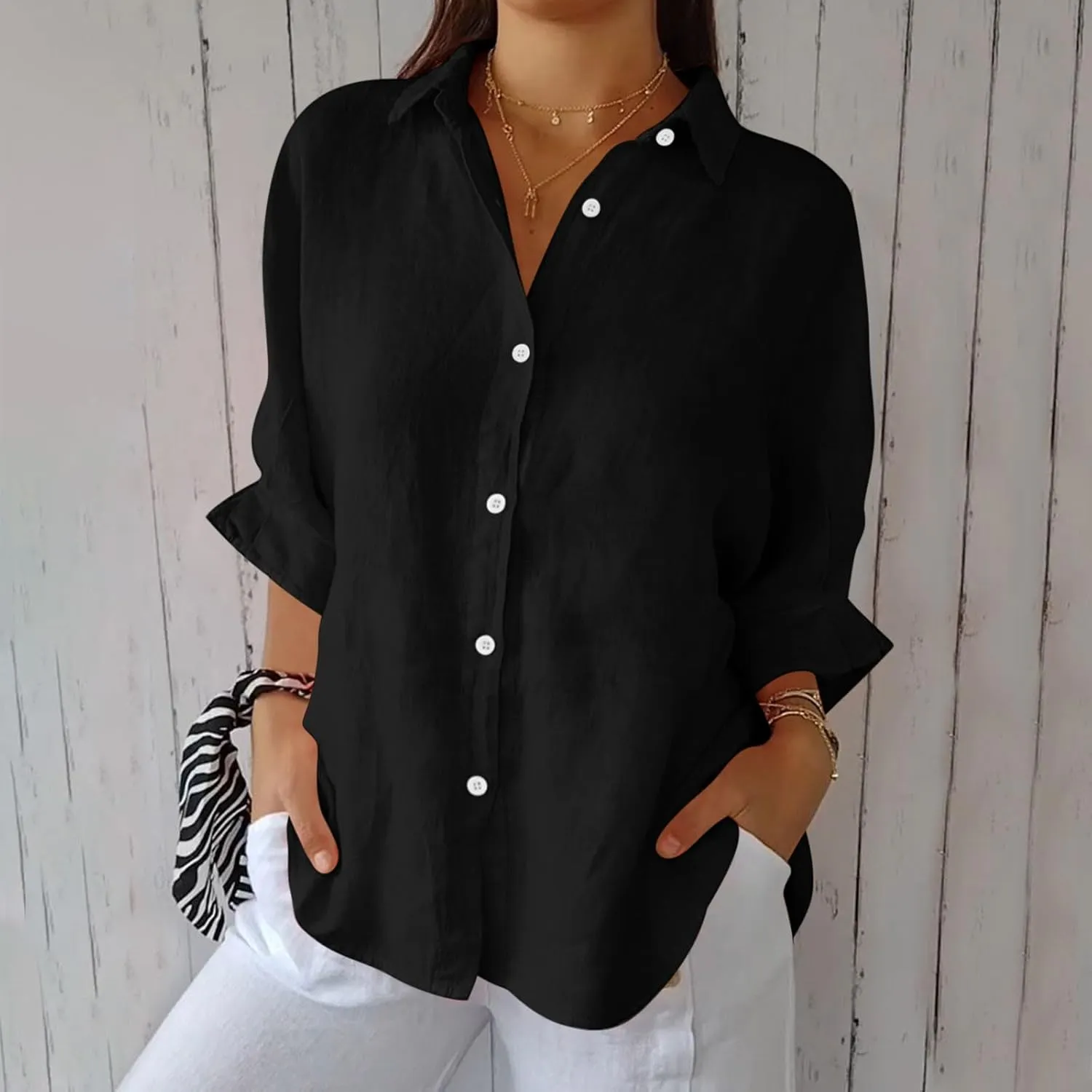 Womens Linen Button Shirt 2024 Casual Pleated 3/4 Sleeve Lapel Blouse Summer Loose Lace Up Cutout Slit Back Top