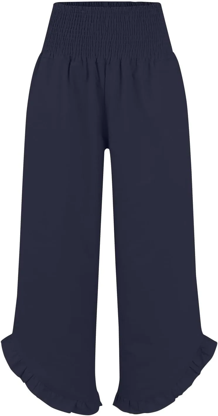 Womens Linen Capri Pants Smocked High Waisted Wide Leg Lounge Casual Trousers Hawaiian Summer Beach Pants with Pockets