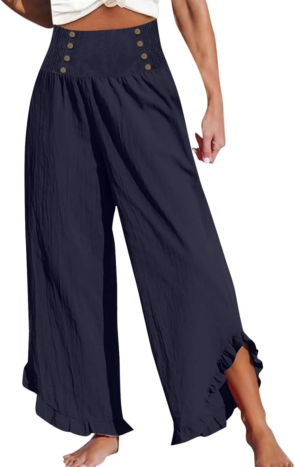 Womens Linen Capri Pants Smocked High Waisted Wide Leg Lounge Casual Trousers Hawaiian Summer Beach Pants with Pockets