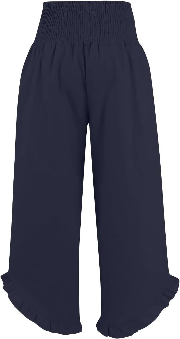 Womens Linen Capri Pants Smocked High Waisted Wide Leg Lounge Casual Trousers Hawaiian Summer Beach Pants with Pockets