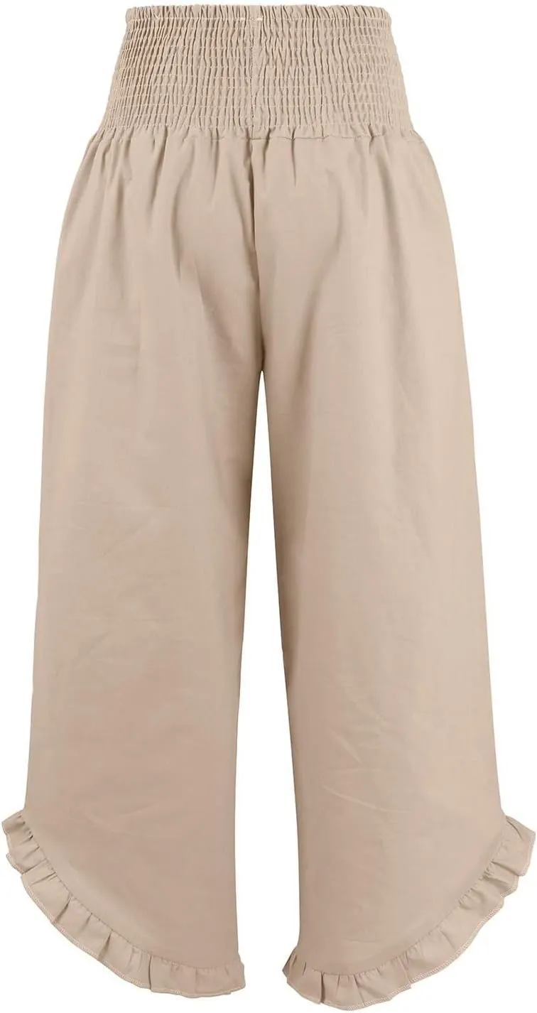 Womens Linen Capri Pants Smocked High Waisted Wide Leg Lounge Casual Trousers Hawaiian Summer Beach Pants with Pockets