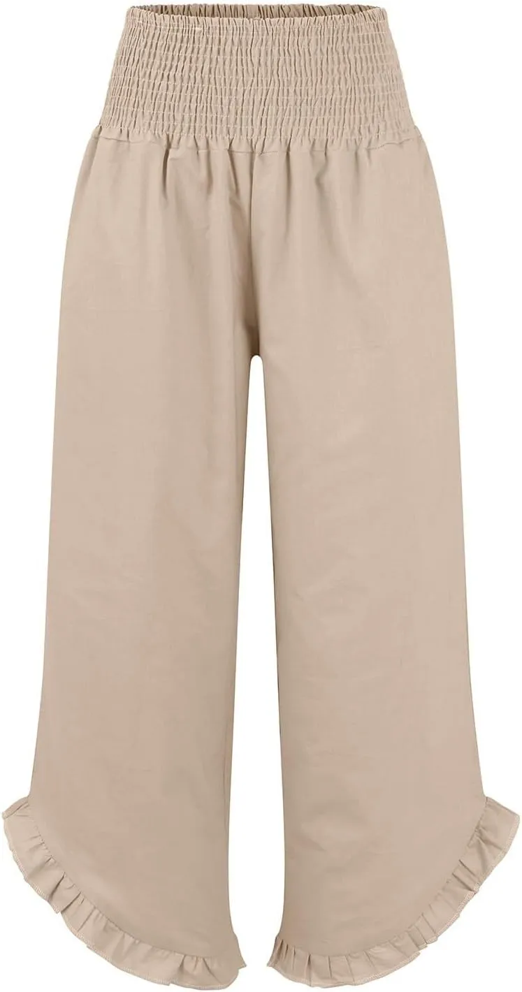 Womens Linen Capri Pants Smocked High Waisted Wide Leg Lounge Casual Trousers Hawaiian Summer Beach Pants with Pockets