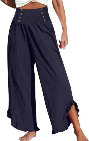 Womens Linen Capri Pants Smocked High Waisted Wide Leg Lounge Casual Trousers Hawaiian Summer Beach Pants with Pockets