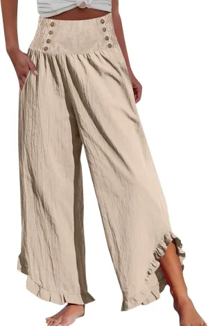 Womens Linen Capri Pants Smocked High Waisted Wide Leg Lounge Casual Trousers Hawaiian Summer Beach Pants with Pockets