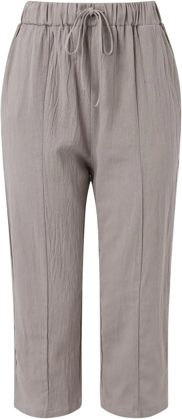 Womens Linen Pants Casual Summer Loose Solid Color High Waisted Straight Leg Beach Linen Pants Breathable Ankle Trousers