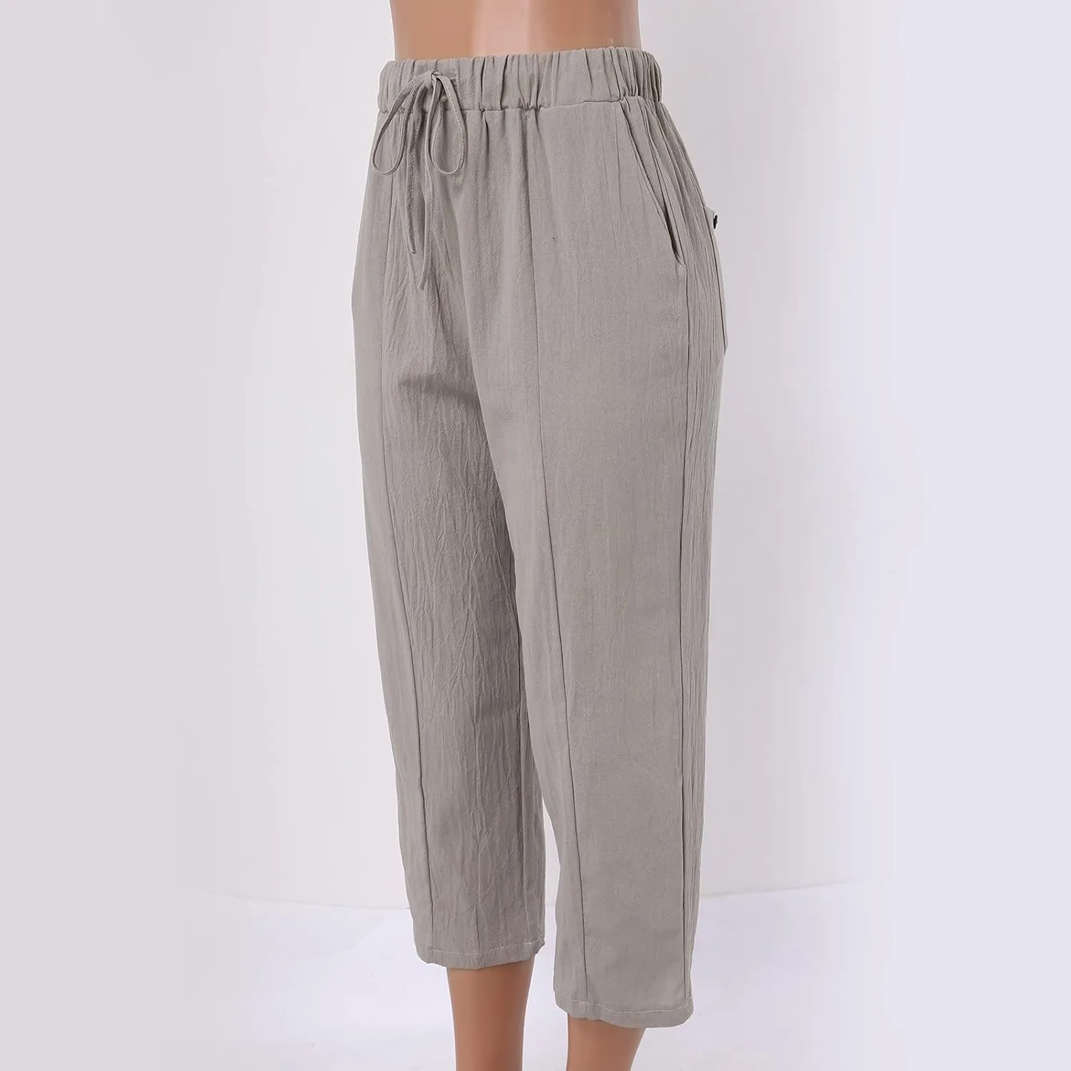 Womens Linen Pants Casual Summer Loose Solid Color High Waisted Straight Leg Beach Linen Pants Breathable Ankle Trousers